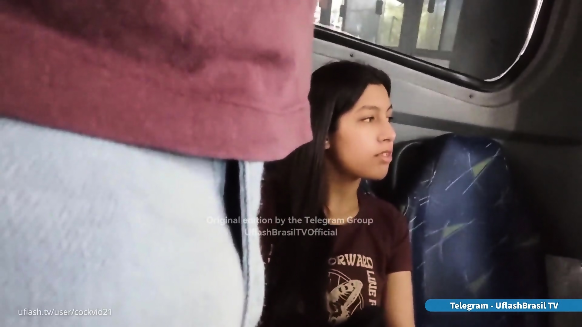 Horny Brazilian teen looking at big bulge on the bus