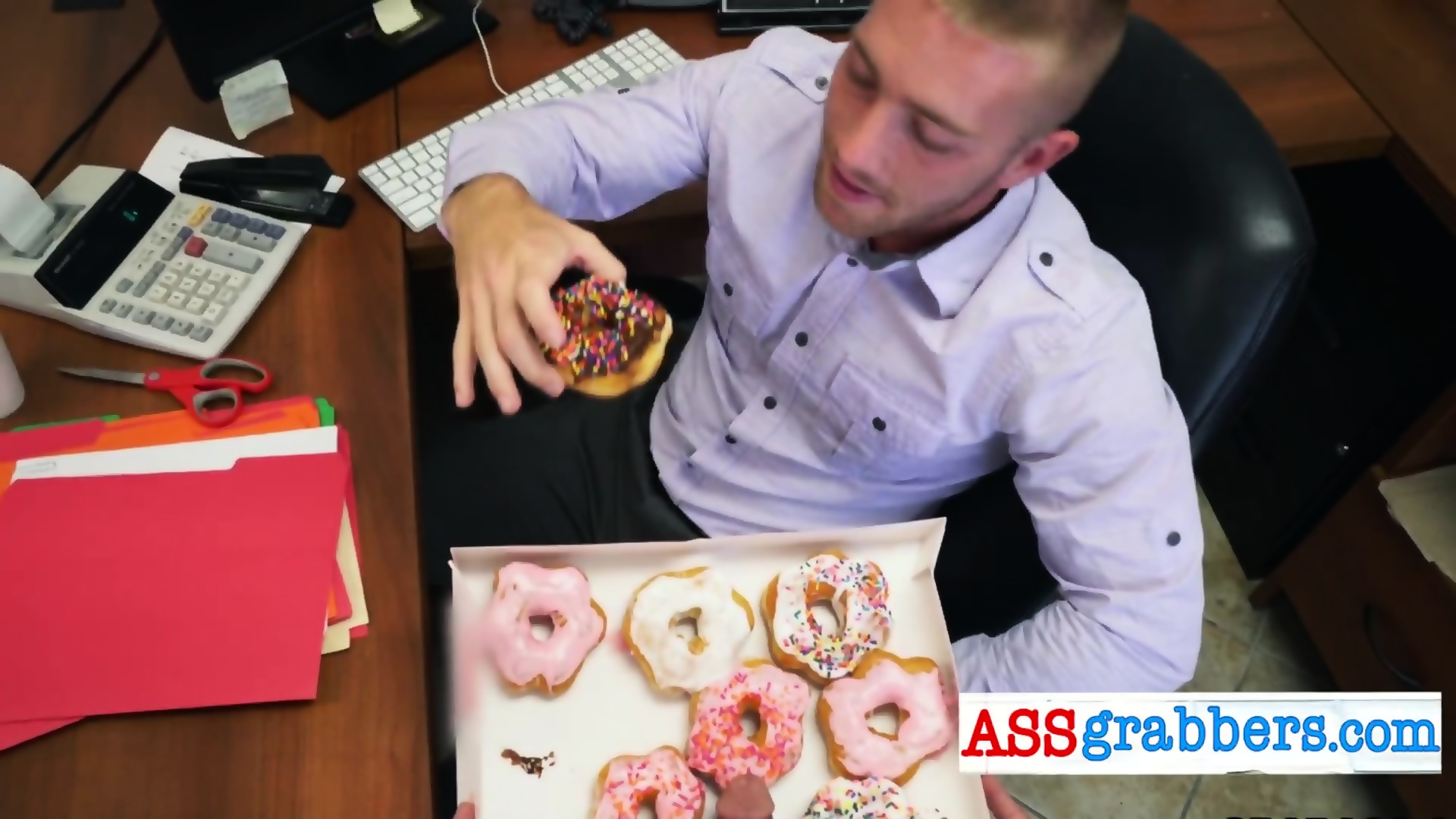 Boss Pranks His Horny Assistant With Some Sexy Donuts With His Big Dick On