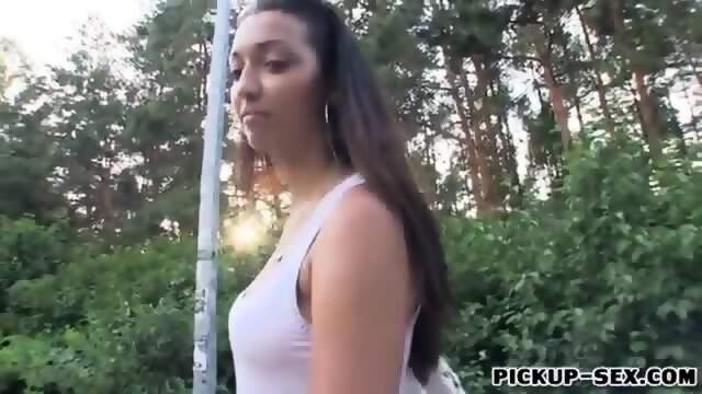 Slim amateur girl Casey Jordan fucked in the woods for money