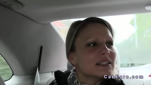Blonde fucked leaning on hood of fake taxi