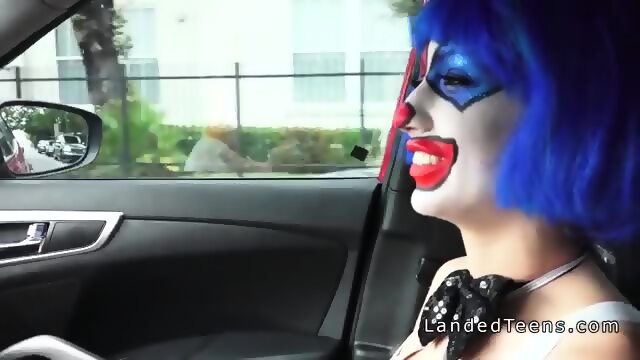 Clown teen sucking huge cock in the car