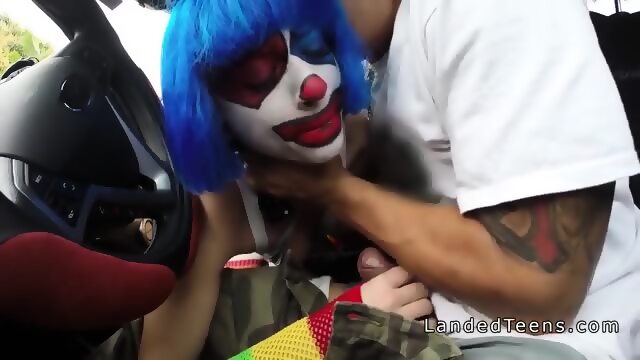 Clown teen sucking huge cock in the car
